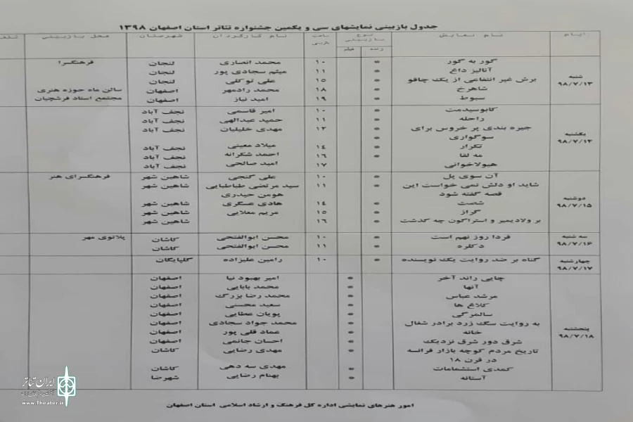 انتشار جدول بازبینی آثار متقاضی شرکت در سی و یکمین جشنواره تئاتر استان اصفهان 2