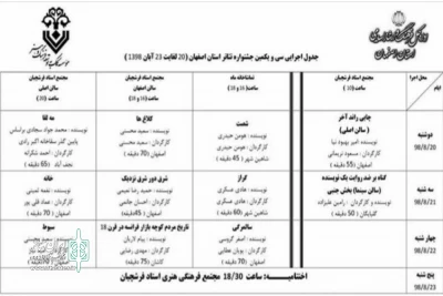 از سوی دبیرخانه

جدول برگزاری سی و یکمین جشنواره تئاتر استانی اصفهان منتشر شد