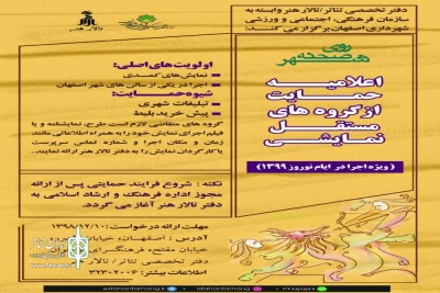با اعلام دفتر تخصصی تئاتر وابسته به تالار هنر اصفهان

حمایت از گروه‌های نمایشی مستقل جهت اجرا در ایام نوروز